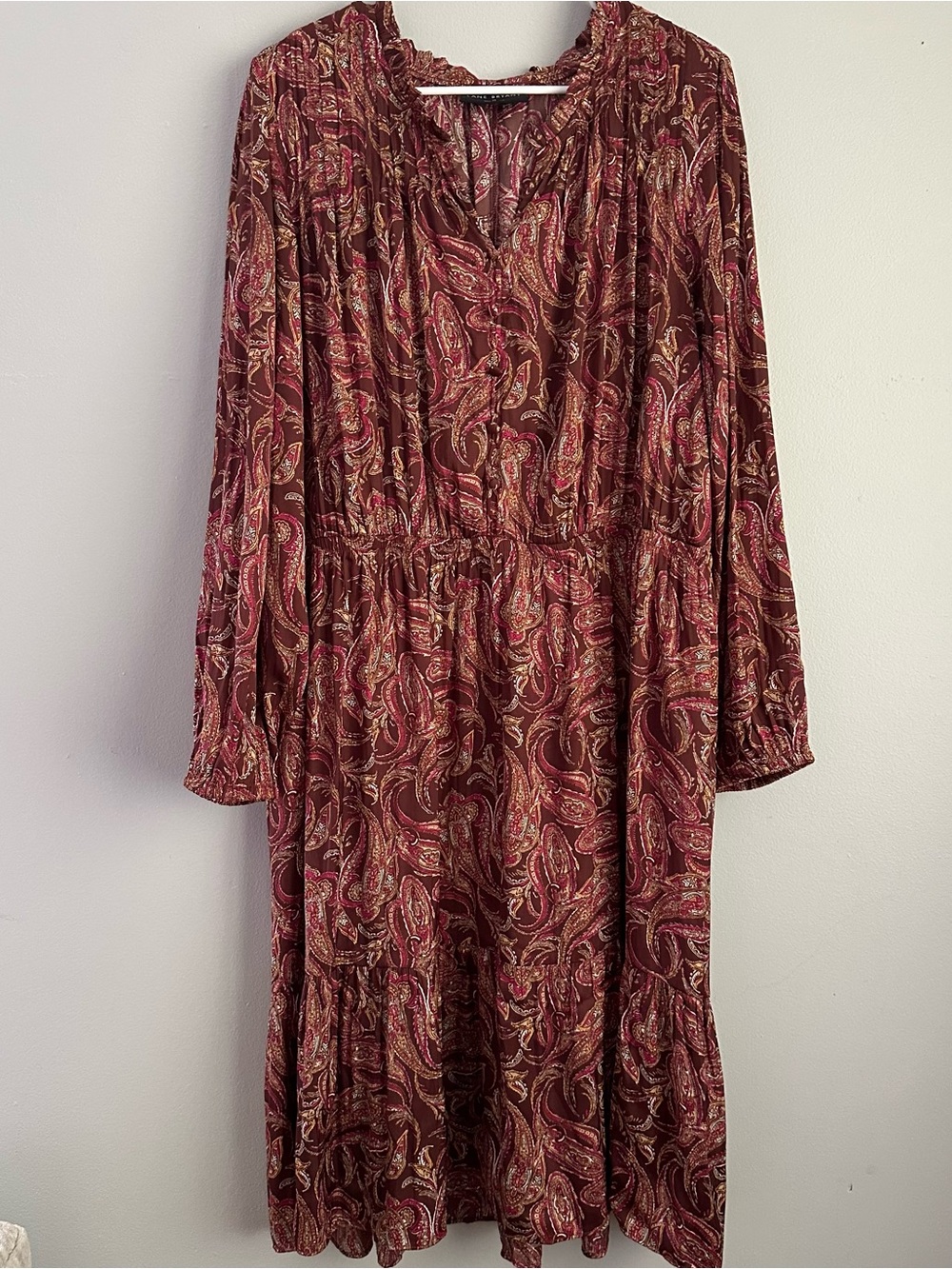 Lane Bryant size 22 midi dress burgundy paisley 3x long sleeve maroon 3xl womens